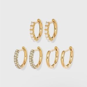 NWT Sugarfix by Baublebar Crystal Gold & Pearl Hoop Earrings, Set of 3